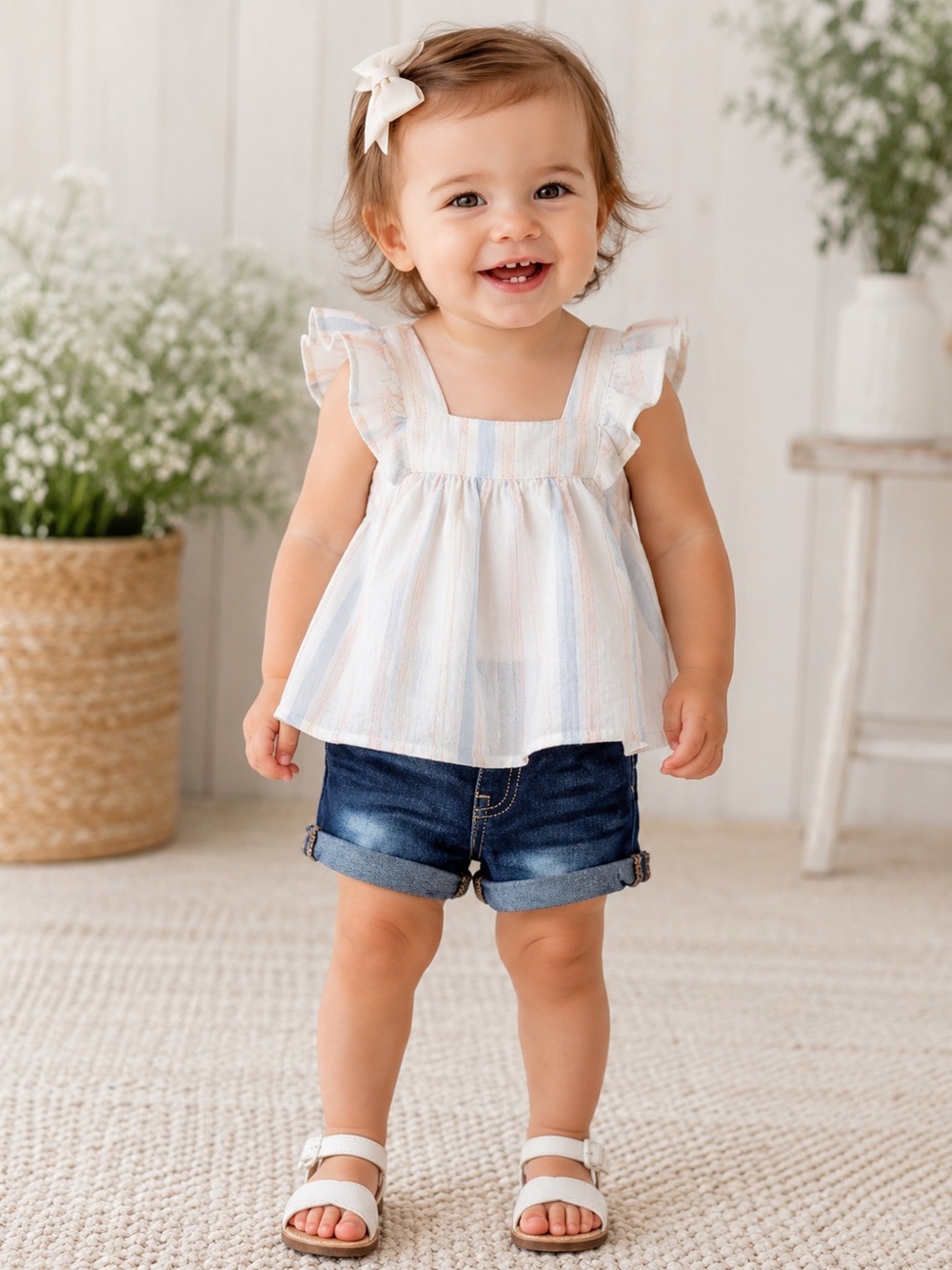 ☀️ 7 For All Mankind Ruffle Babydoll Top & Denim Shorts Set.  12M, 18M, 24M NWT